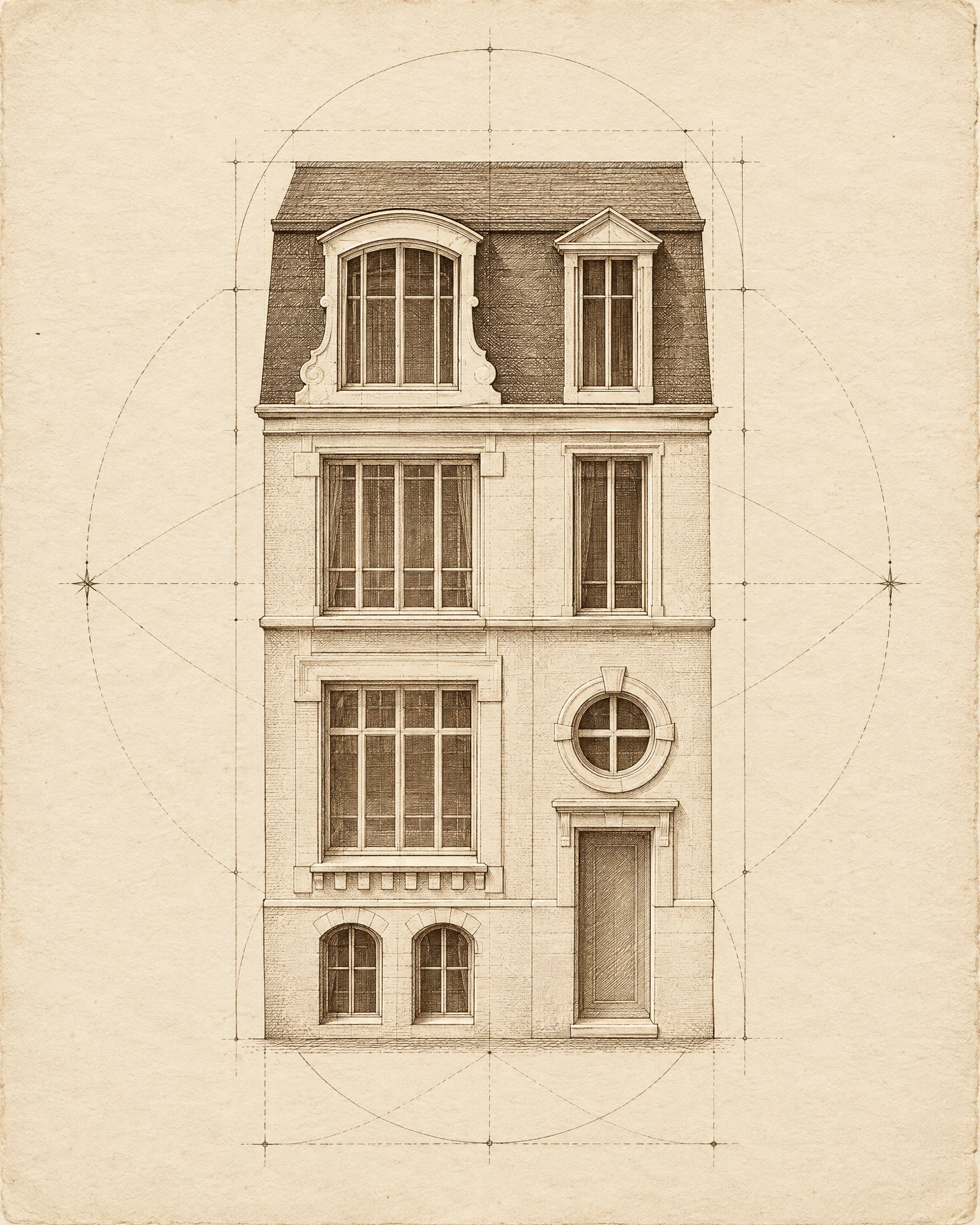 Élévation de la façade, gravée à la manière du XVIe siècle